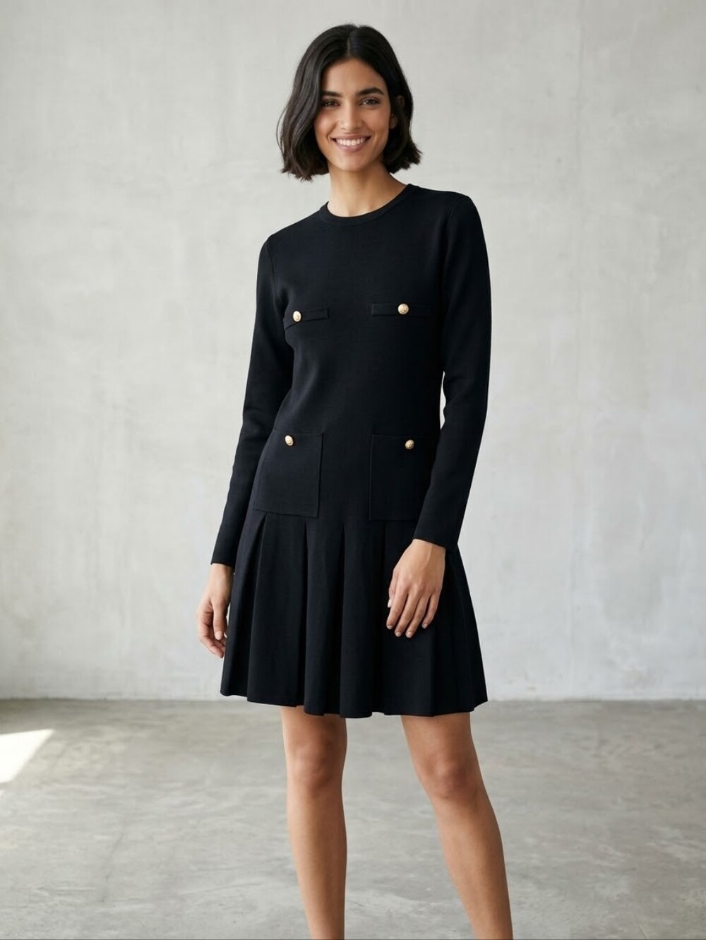 ZARA Knit Drop Waist Pleated Mini Dress Black Gold Button Pockets Long Sleeve XL